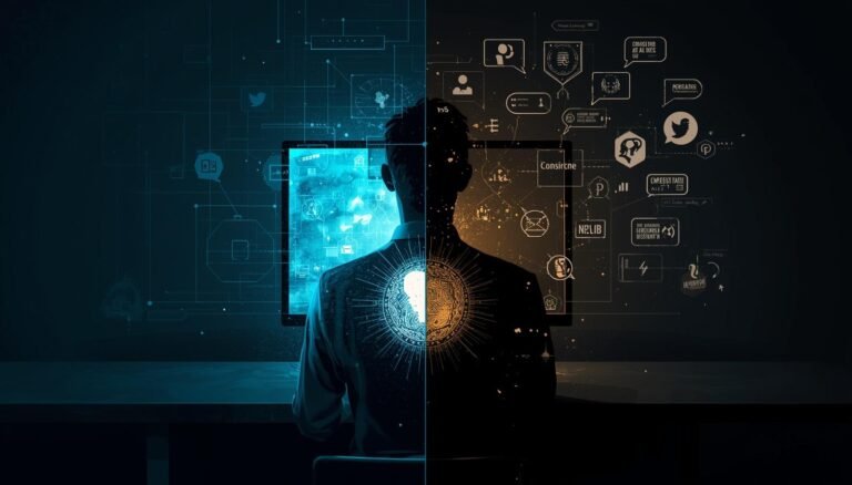 A-conceptual-illustration-showing-the-duality-between-digital-life-and-real-life_-a-person-sitting-in-front-of-a-glowing-screen-in-a-dark-room-with-their-reflection-or-shadow-showing-a-different-persona.-The