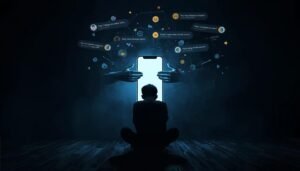 Dark-and-powerful-conceptual-image-representing-cyberbullying-in-Indonesia.-A-person-sitting-alone-in-a-dark-room-illuminated-only-by-harsh-phone-screen-light-surrounded-by-floating-threatening-text-messages-an