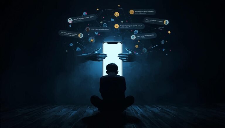Dark-and-powerful-conceptual-image-representing-cyberbullying-in-Indonesia.-A-person-sitting-alone-in-a-dark-room-illuminated-only-by-harsh-phone-screen-light-surrounded-by-floating-threatening-text-messages-an
